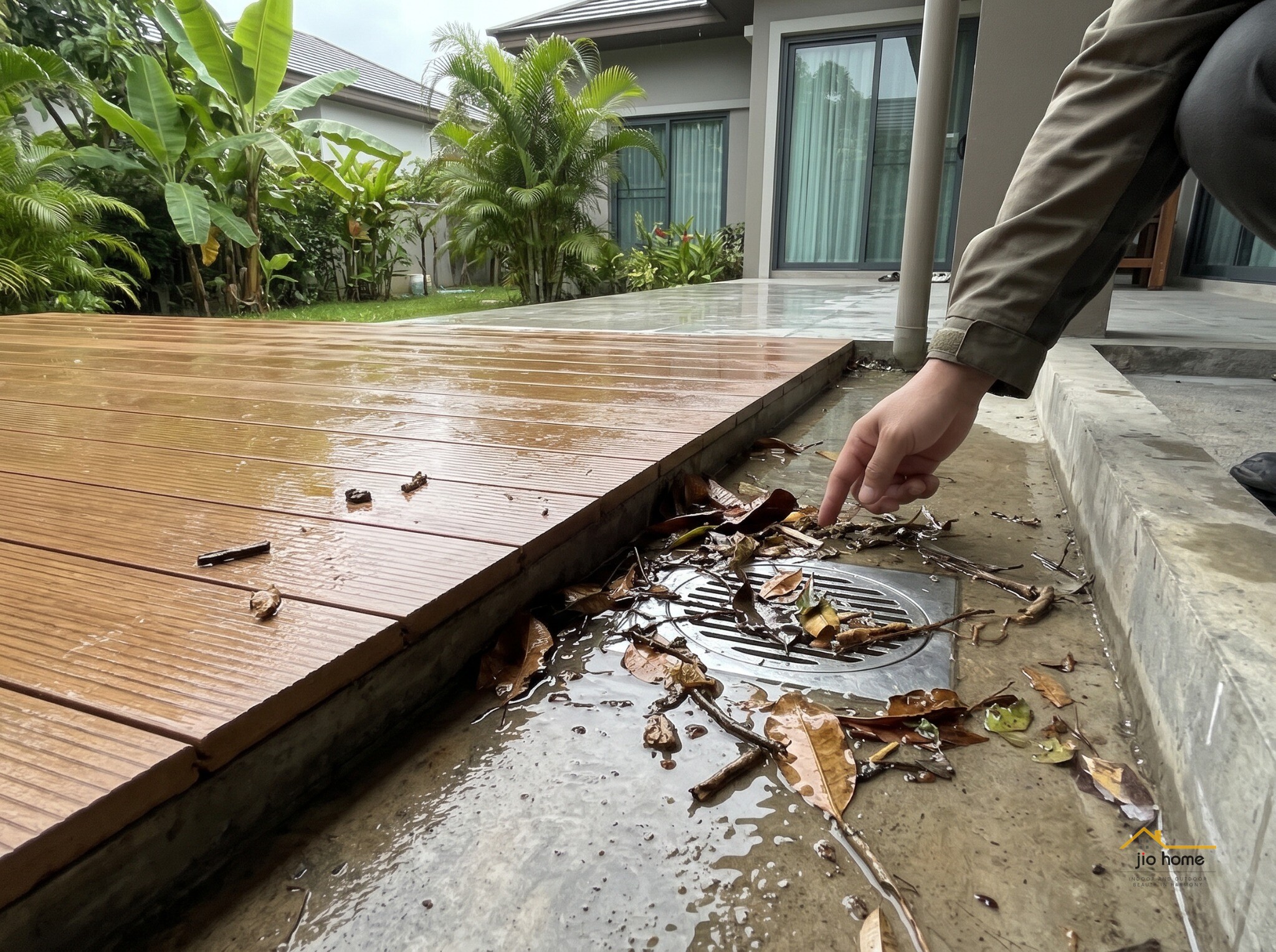 ตรวจท่อระบายน้ำที่มีเศษใบไม้หลังฝนตก